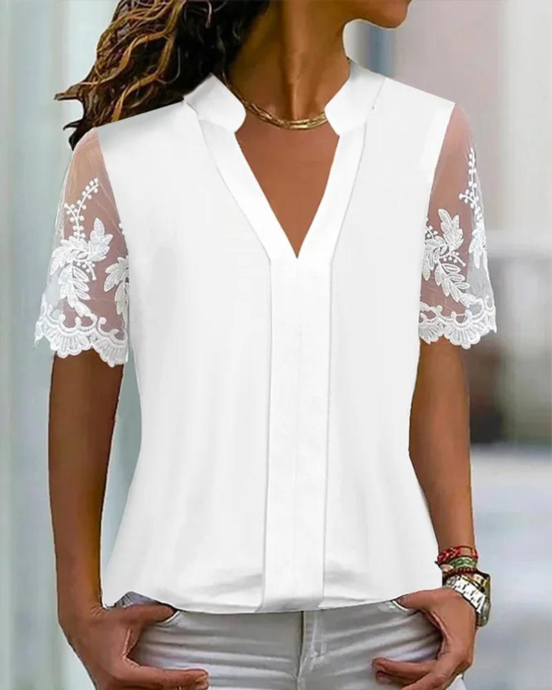 

Lace Patch Notch Neck Top, White