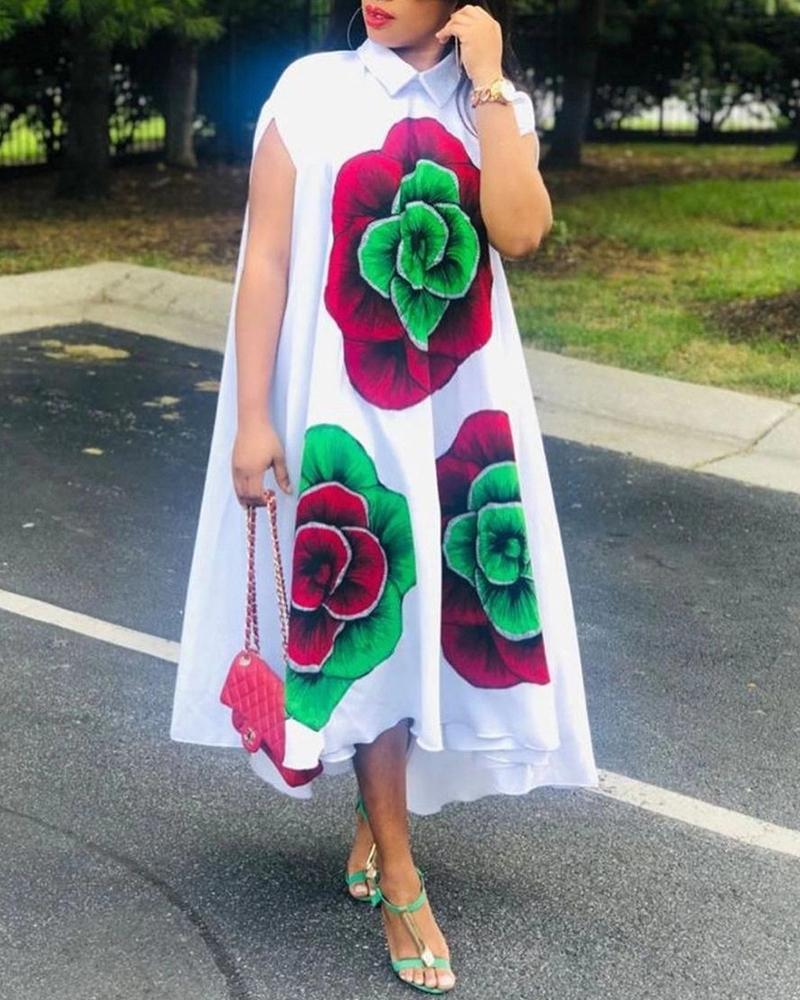 

Plus Size Floral Print Buttoned Shirt Swing Dress, White
