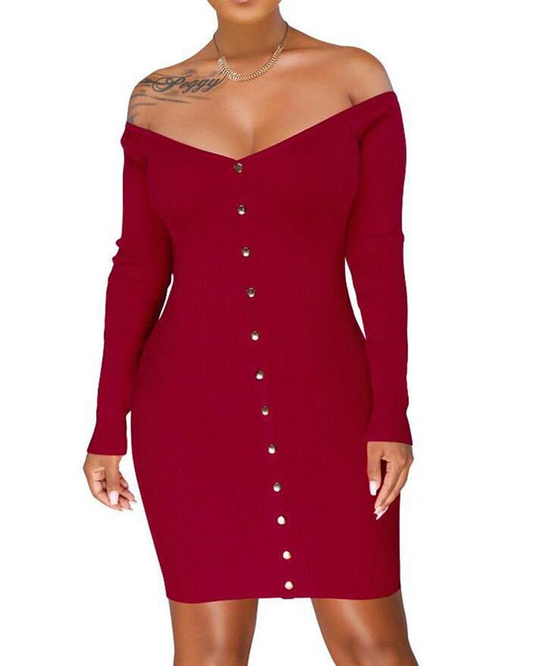 

Off Shoulder Ribbed Button Through Dress, Wine red