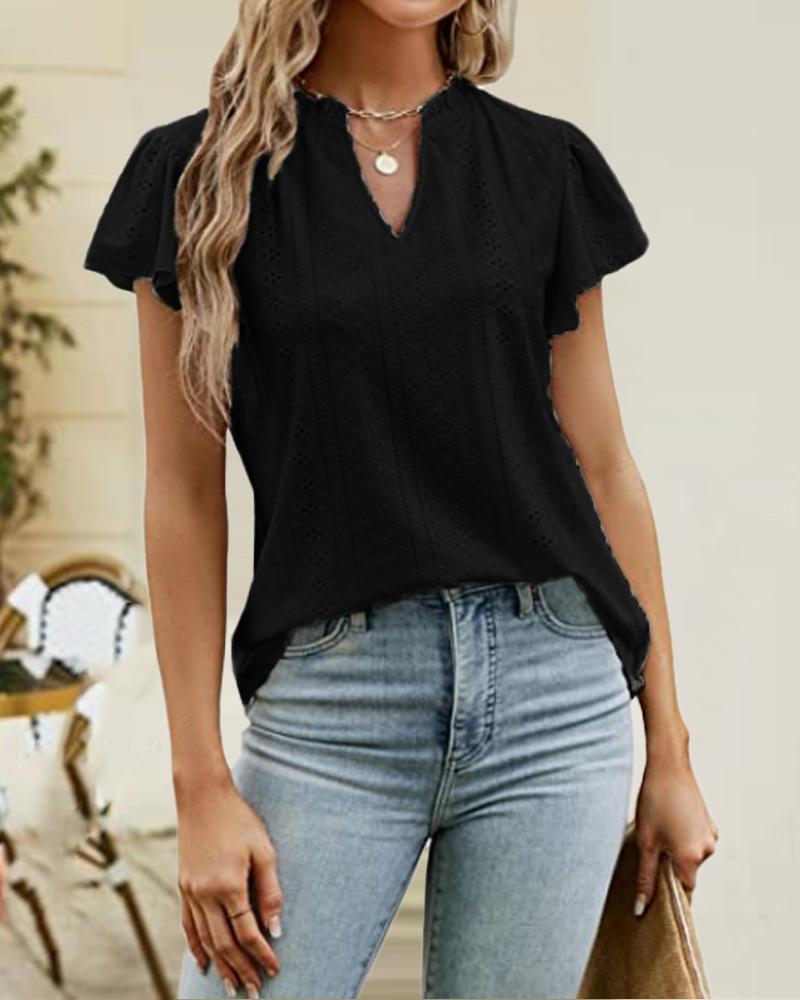 

Hollow Out Frill Hem V-Cut Top, Black