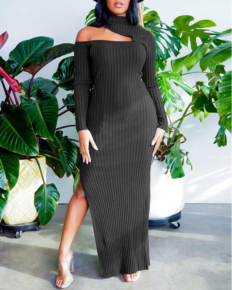 

Ribbed Cold Shoulder Split Thigh Party Dress, Black