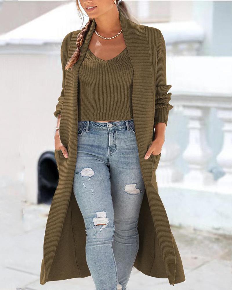 

Open Front Longline Cardigan With Crop Top, Coffee