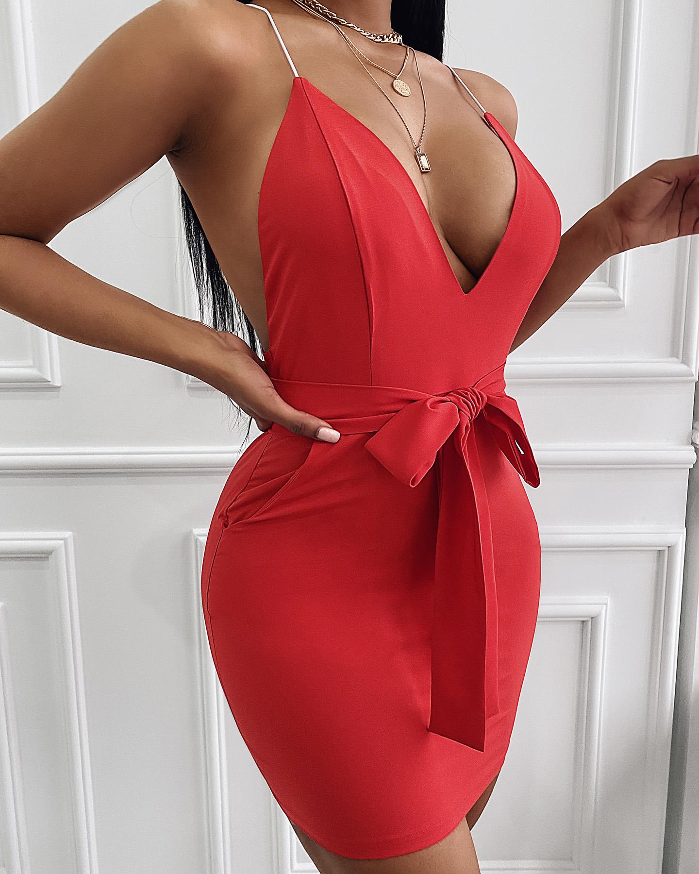 

Pocket Bowknot Design Crisscross Backless Party Dress, Red