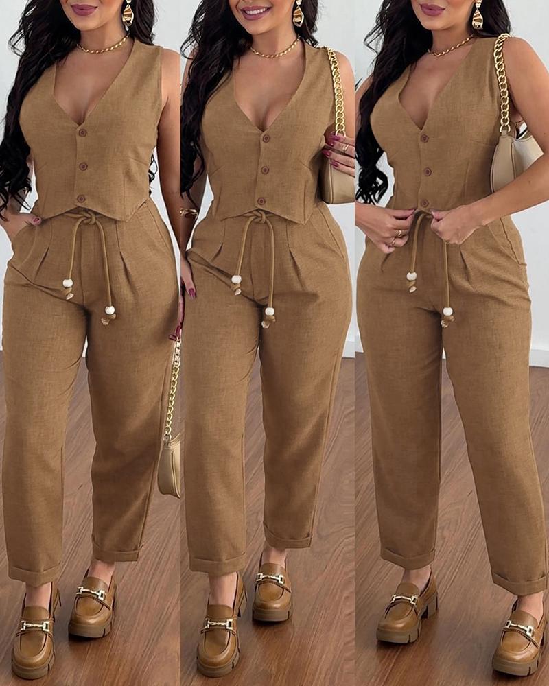 

V-Neck Buttoned Vest Top & Pocket Design Tied Detail Pants Set, Brown