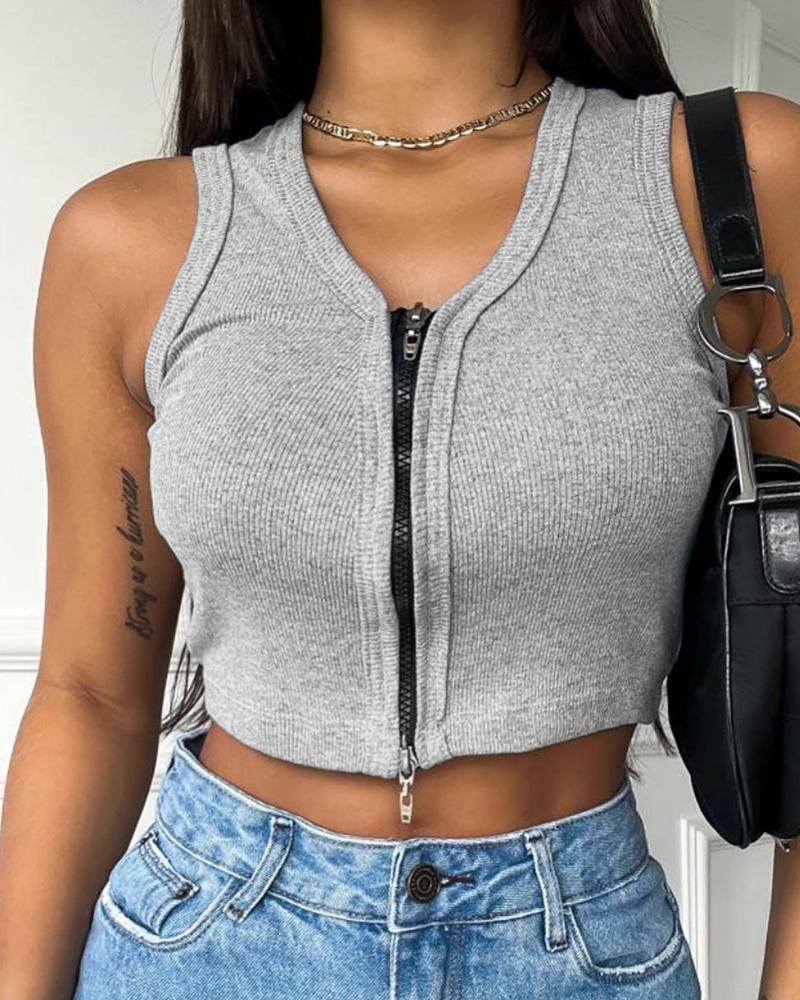 

Plain Zipper Design Tank Top, Gray