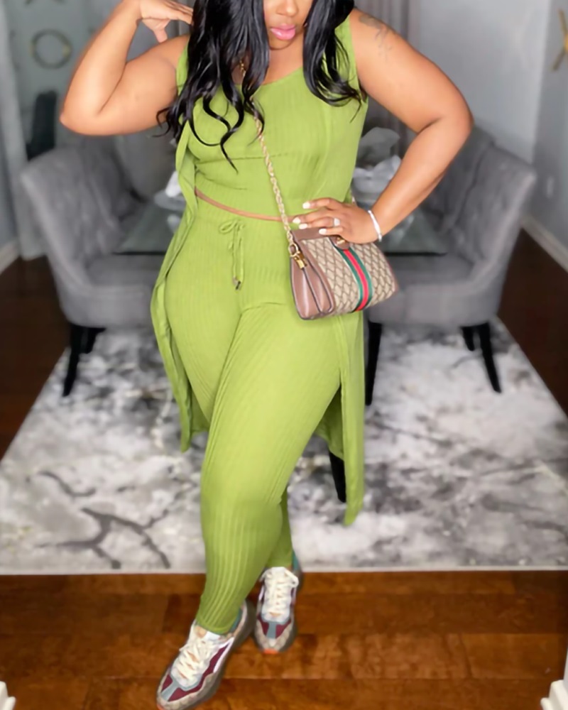 

3PCS Ribbed Crop Tank Top & Pants Set With Vest Coat, Green