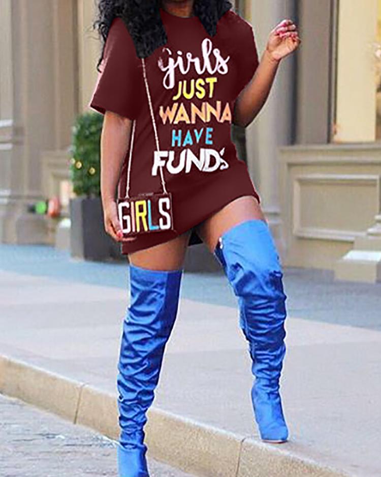 

Letter Print Mini T-shirt Dress, Wine red
