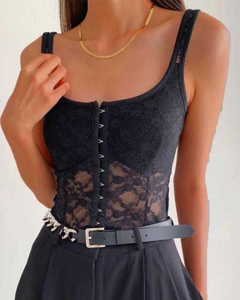 

U-Neck Plain Lace Tank Top, Black