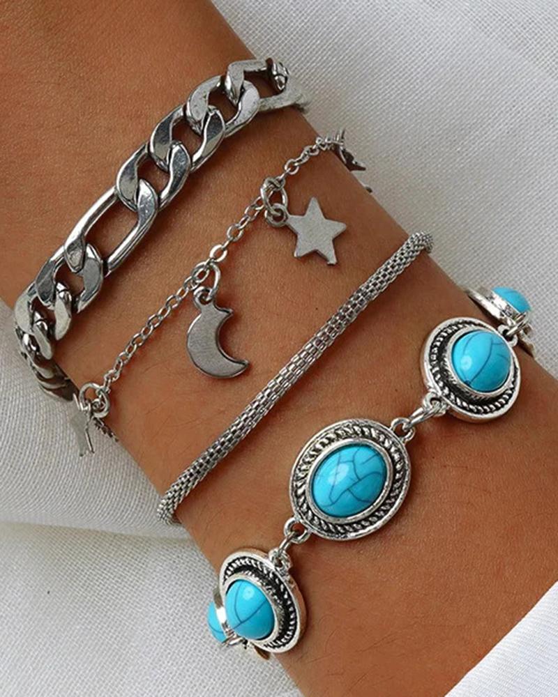 

4pcs Moon Star Geometric Turquoise Chain Bracelets Set, Silver