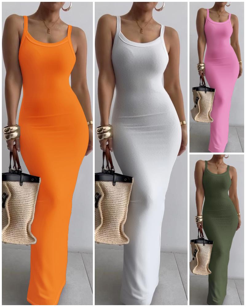 

Spaghetti Strap U-Neck Casual Maxi Dresses Slim Fit Cami Dress Party Club Bodycon Dress, Orange