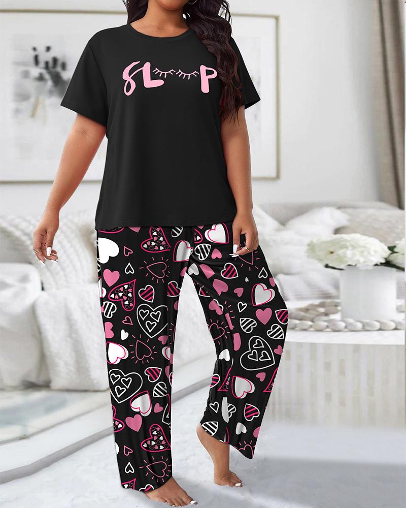

Plus Size Sleep Figure Heart Print Wide Leg Pajamas Set, Black