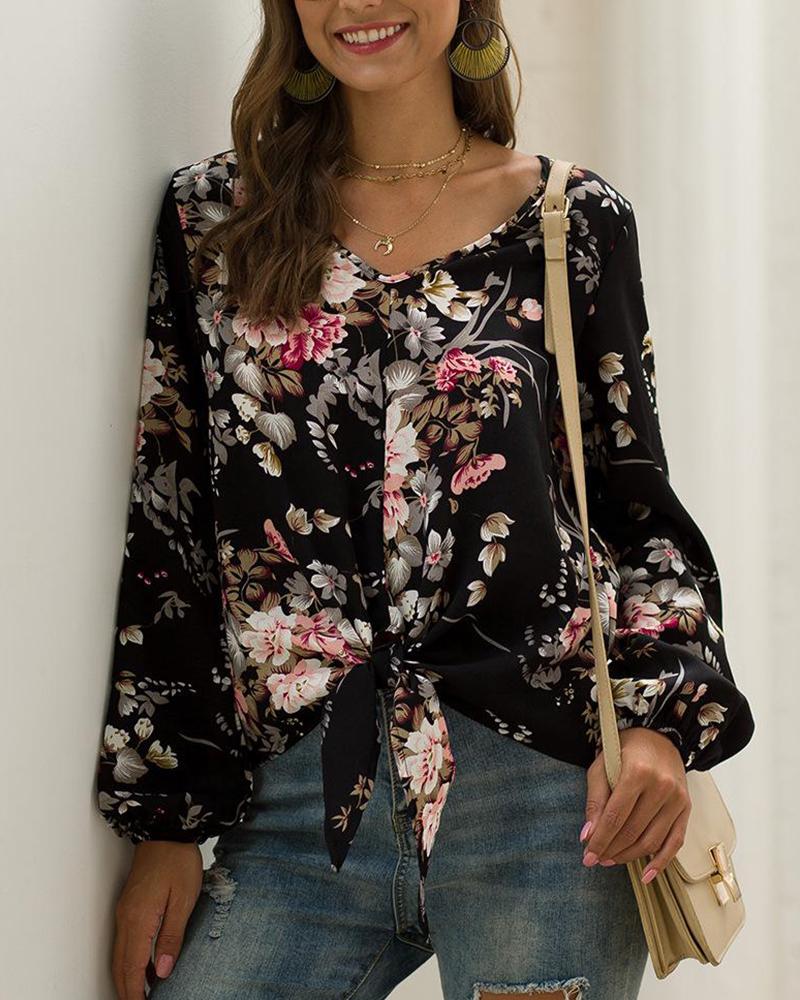 

V Neck Floral Print Top, Black