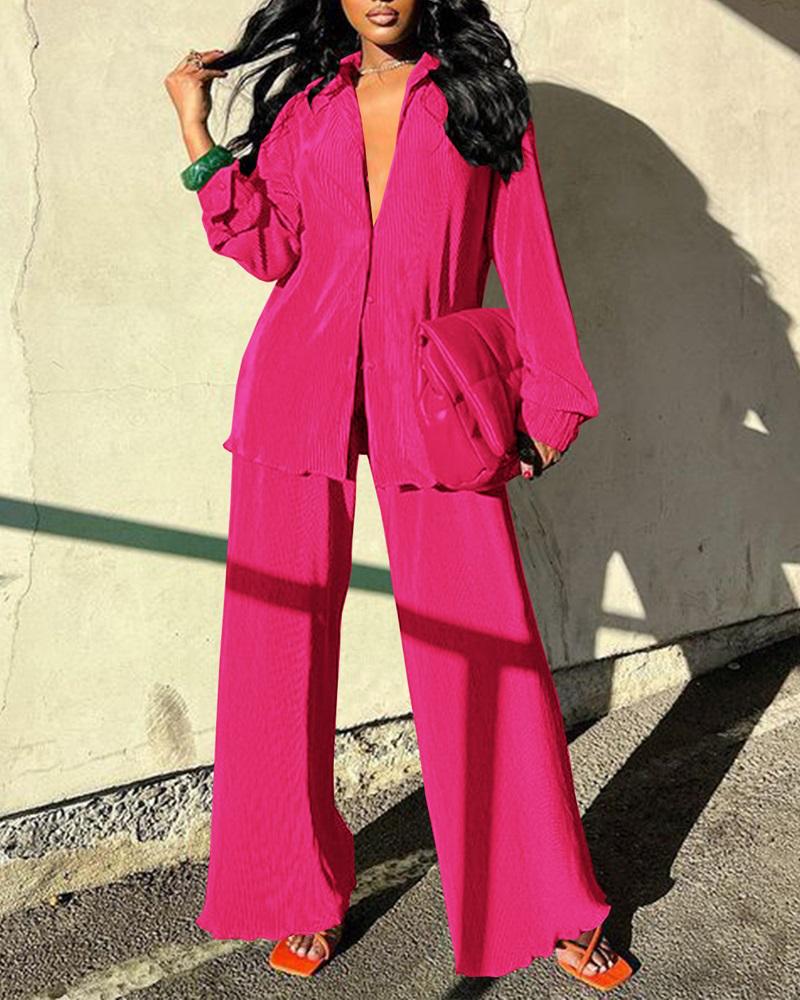 

Long Sleeve Button Down Shirt & Pants Set, Hot pink