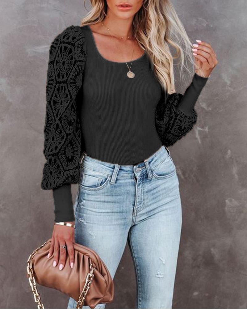 

Contrast Lace Lantern Sleeve Ribbed Top, Black