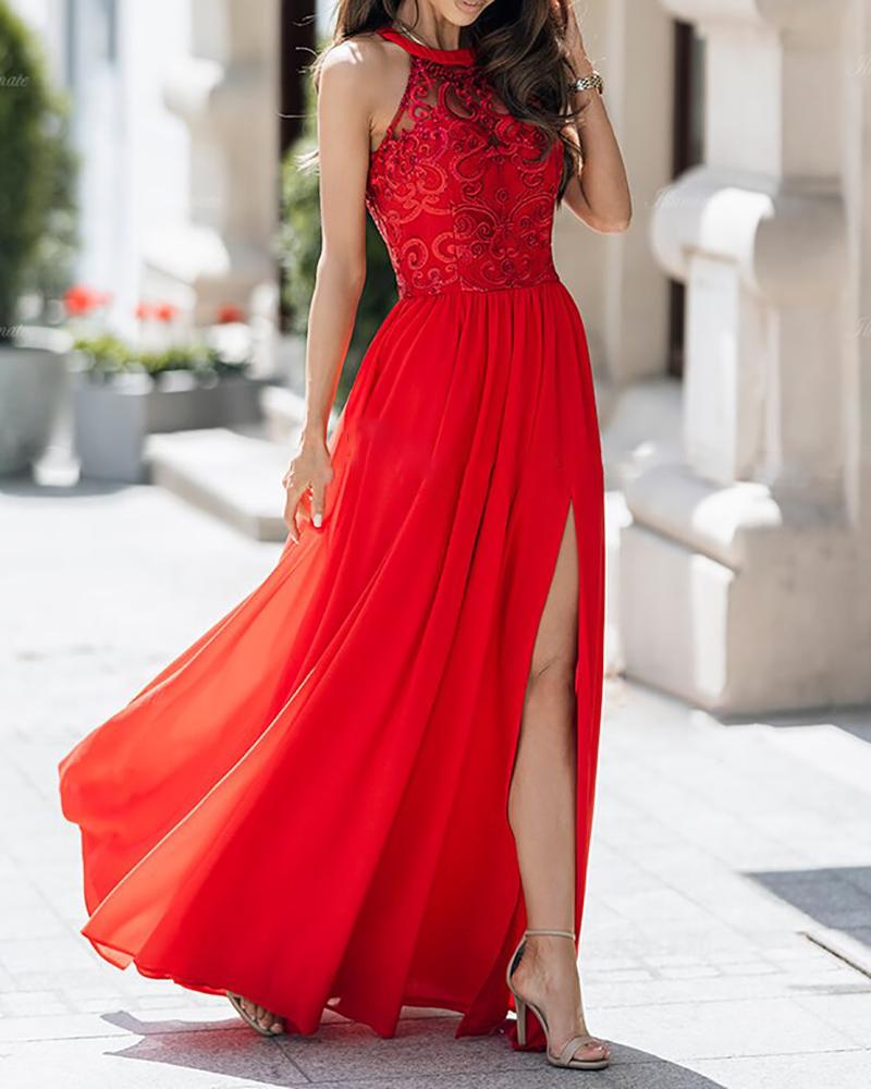 

Sleeveless Guipure Lace High Slit Party Dress, Red