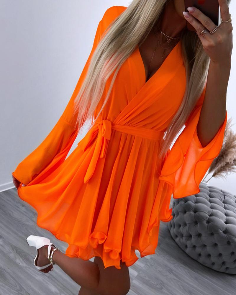 

V-Neck Bell Sleeve Pleated Layered Dress, Orange