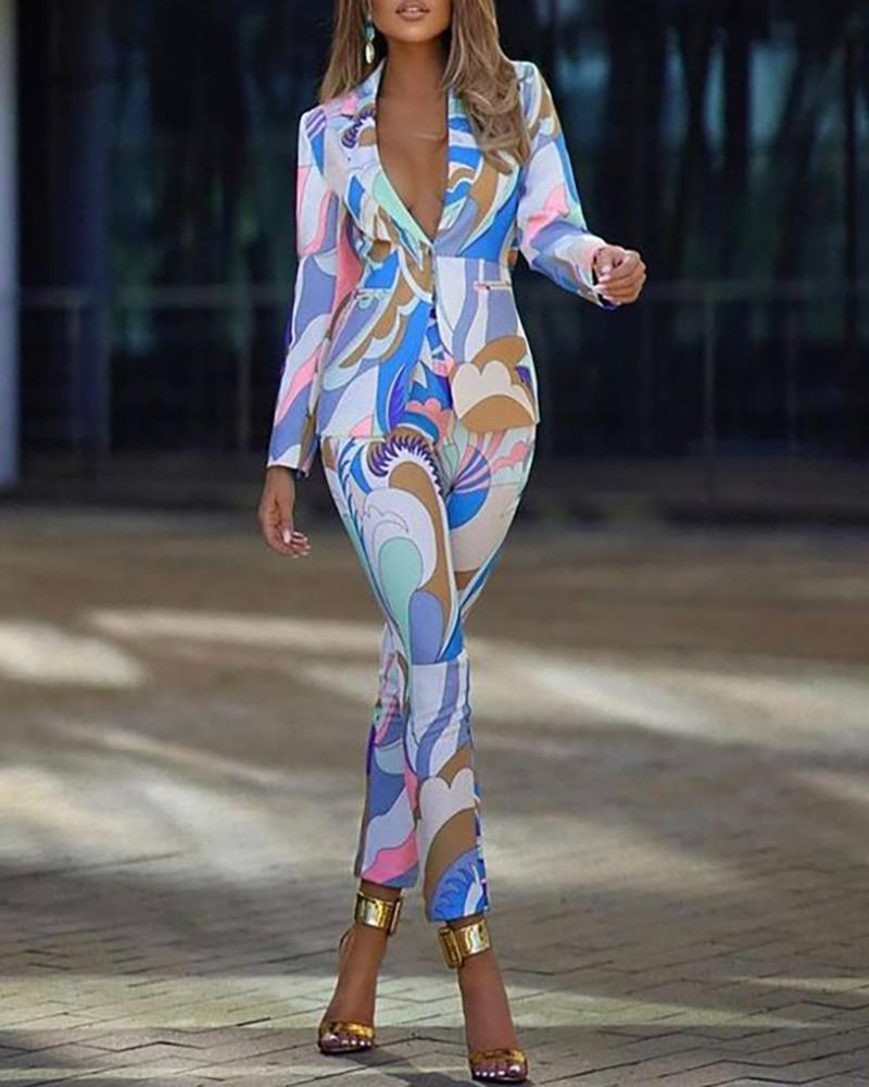 

Abstract Print Zipper Decor Blazer Top & Pants Sets, Blue
