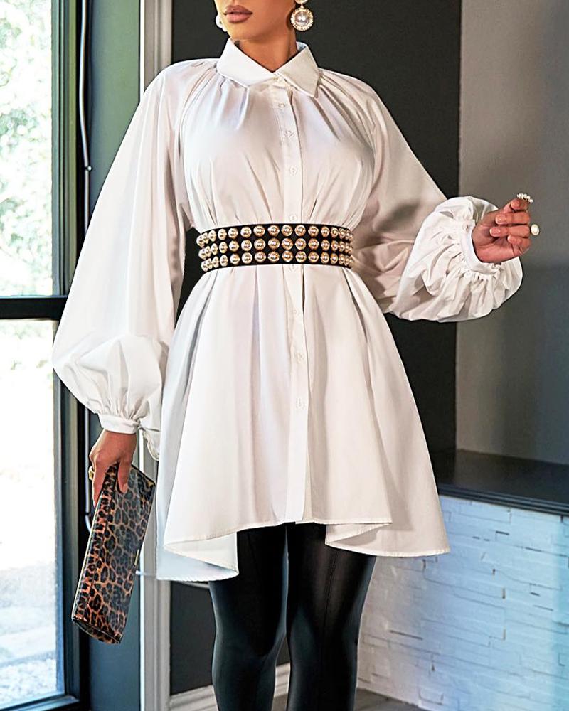 

Ruched Asymmetrical Buttoned Lantern Sleeve Shirt, White