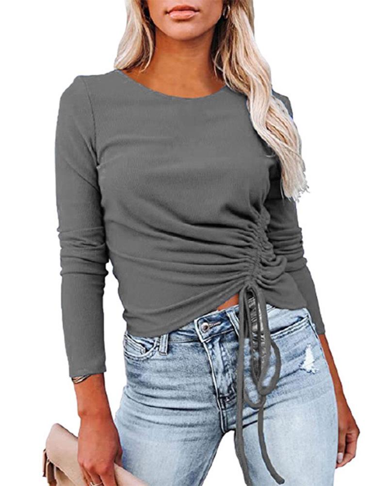 

Drawstring Round Neck Long Sleeve Top, Gray