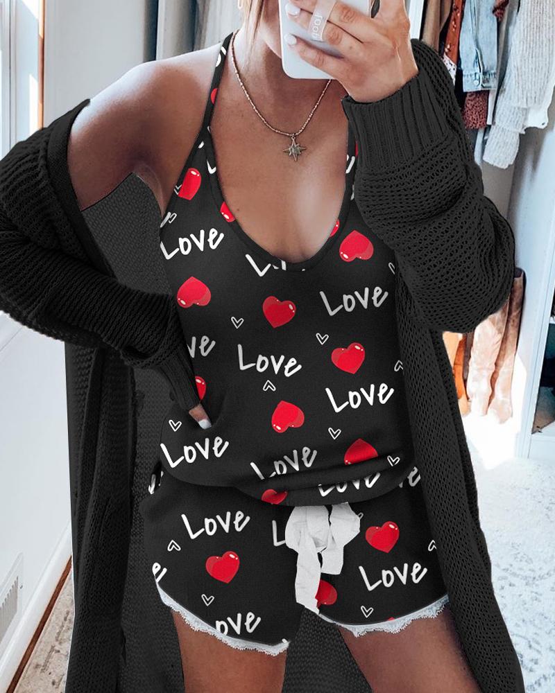 

Valentine' Day Love Heart Print Lace Trim Cami Set, Black
