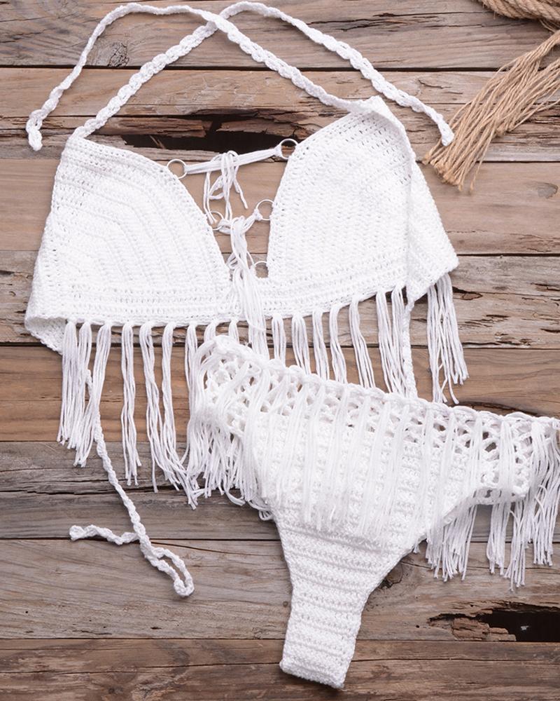 

Solid Tassel Strap Bra With Cut-out Panties Sexy Sets, White
