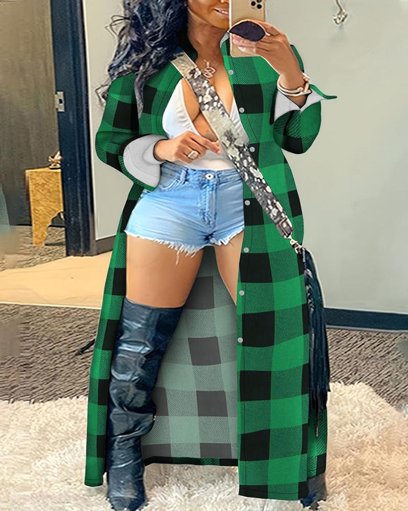 

Plus Size Plaid Print Buttoned Longline Coat, Green