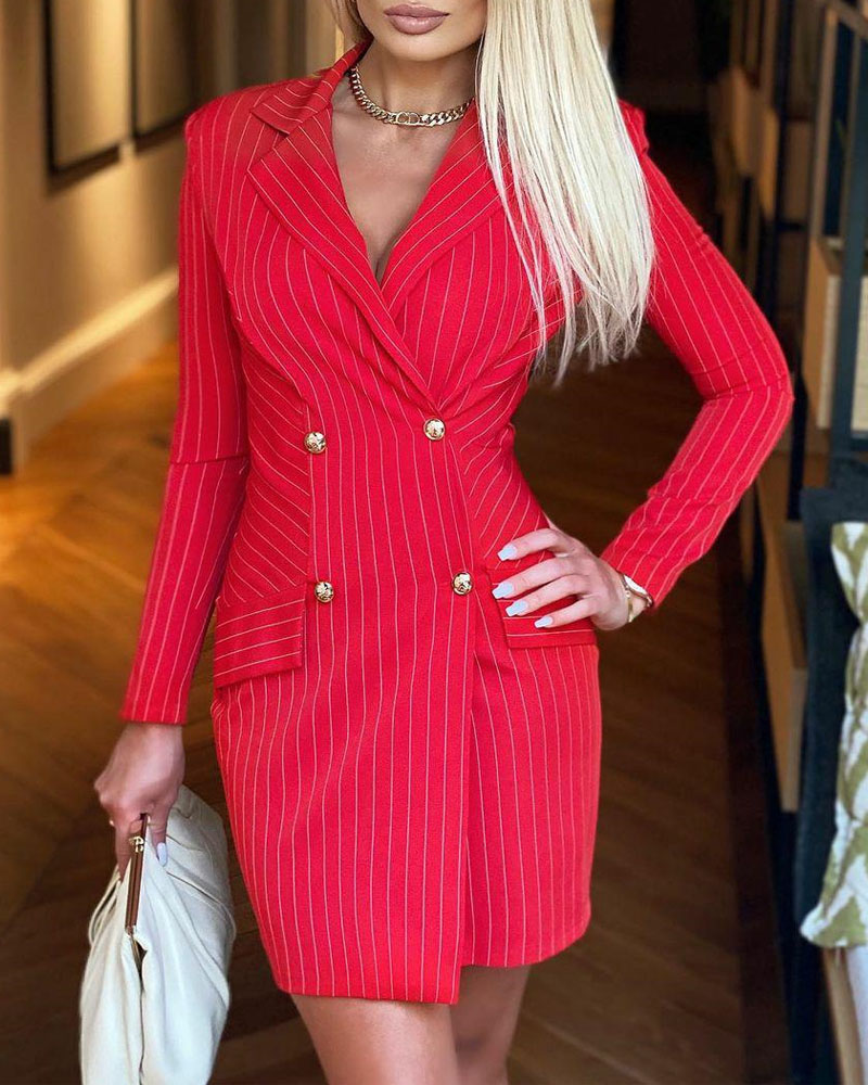 

Striped Long Sleeve Double Breasted Blazer Dress, Red