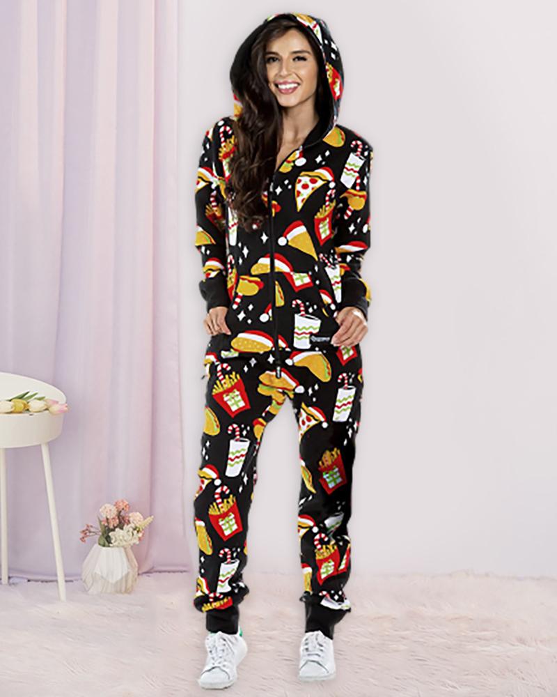 

Christmas Print Long Sleeve Zipper Design Jumpsuit, Black