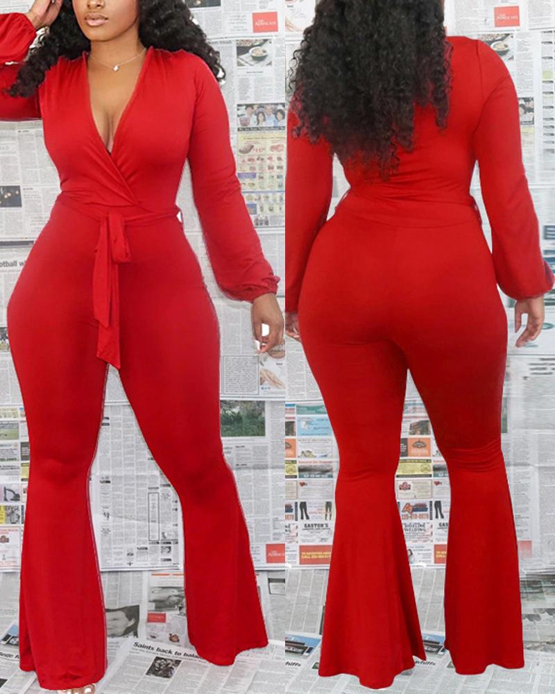 

Long Sleeve Surplice Neck Belted Flared Leg Jumpsuit, Red