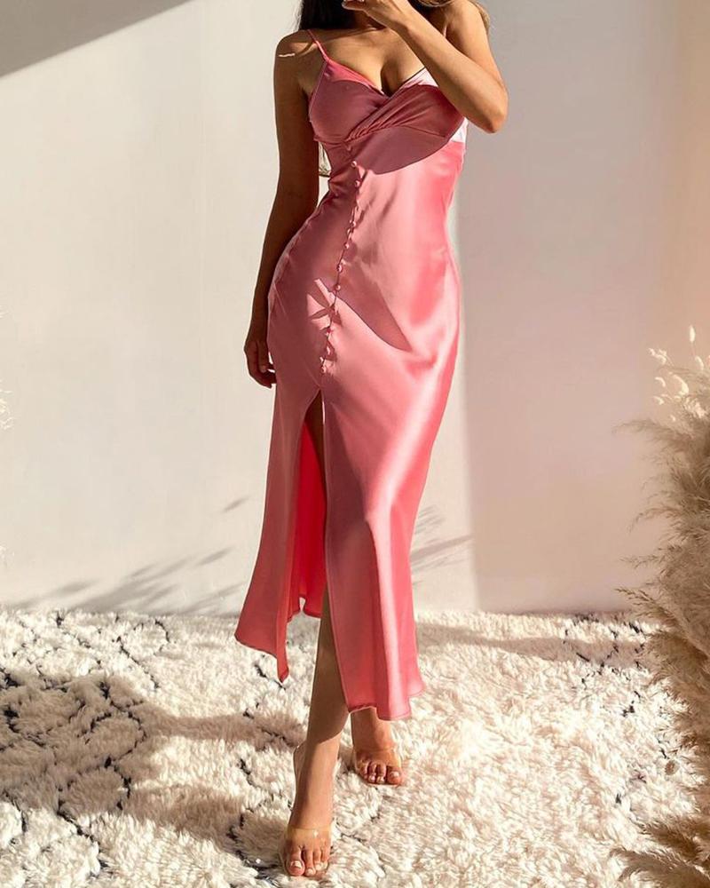 

Satin Ruched High Slit Buttoned Maxi Dress, Pink