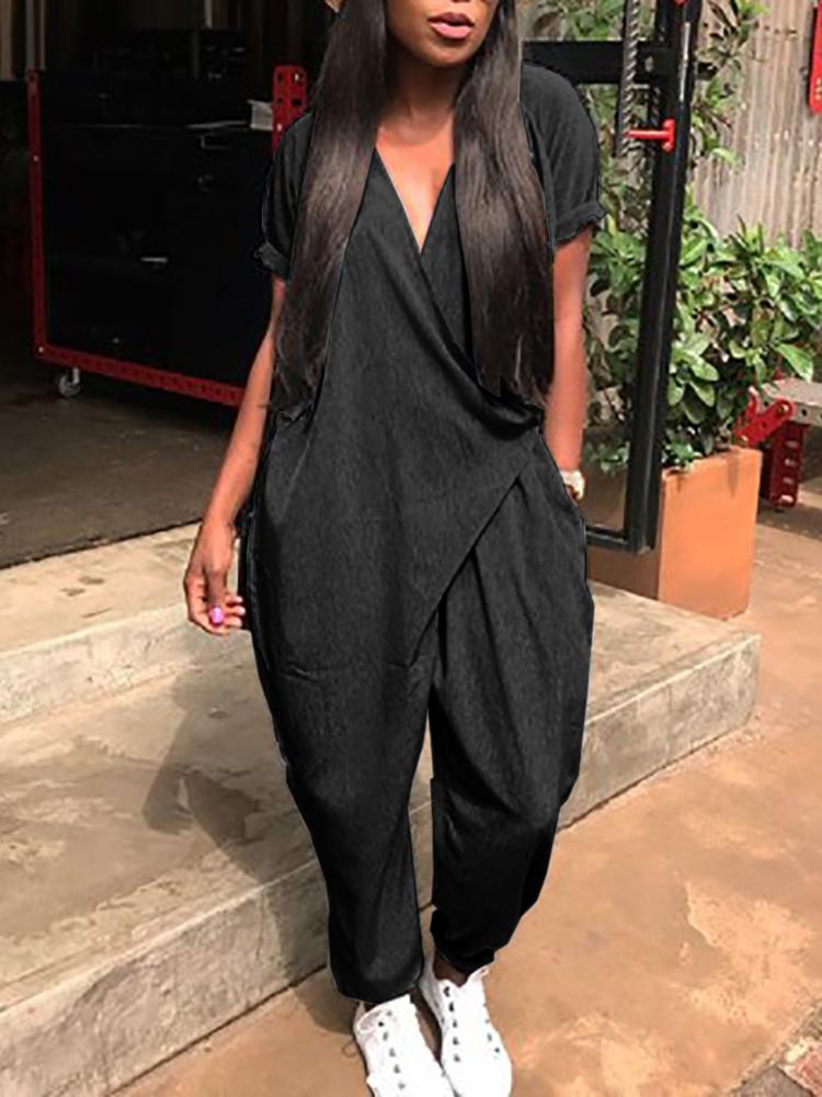 

Stylish Pocket Wrapped Harem Jumpsuit, Black