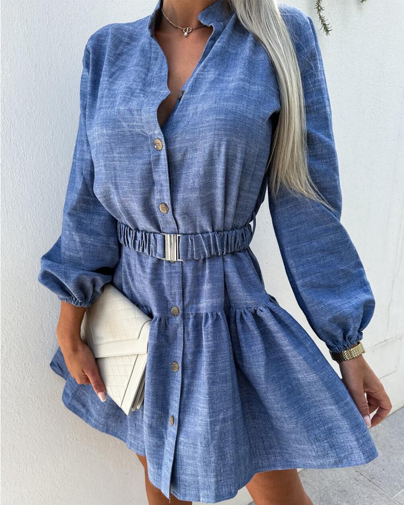 

Denim Look Print Ruffle Hem Shirt Dress, Blue