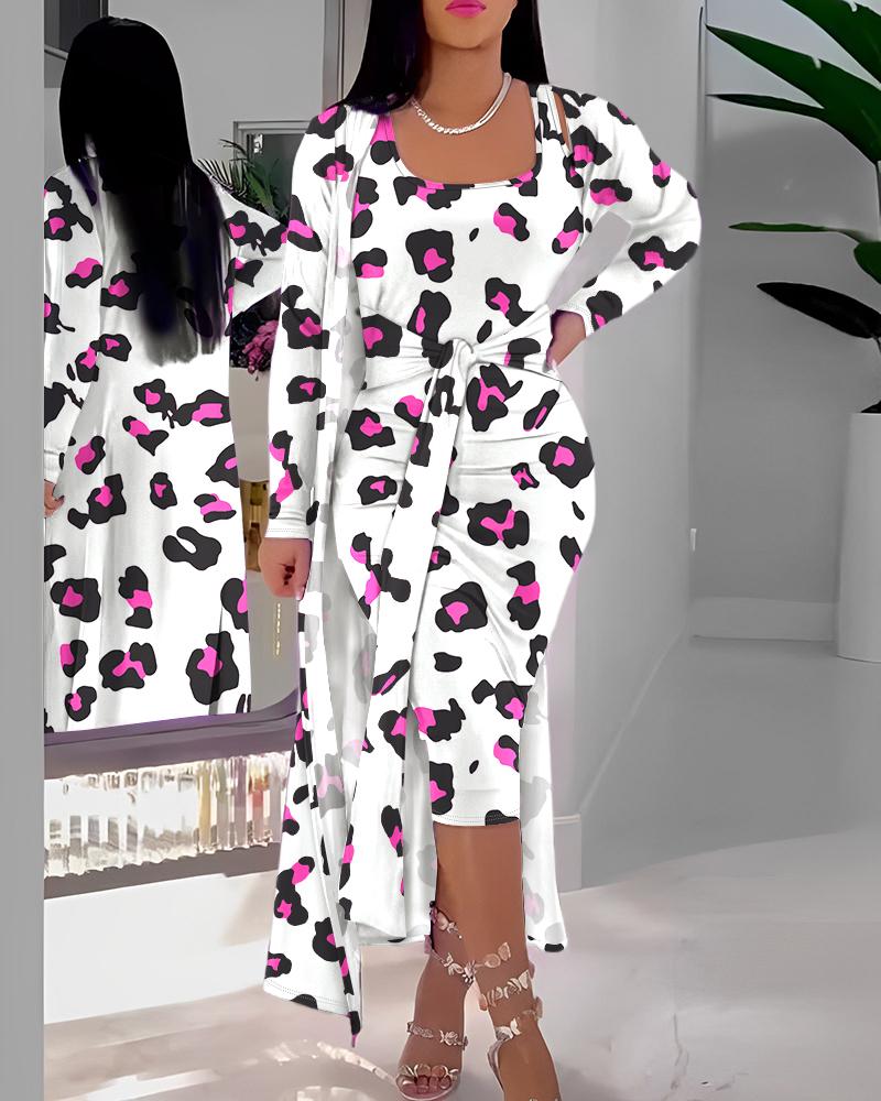 

Pink Leopard Print Tank Dress & Longline Coat Set, White