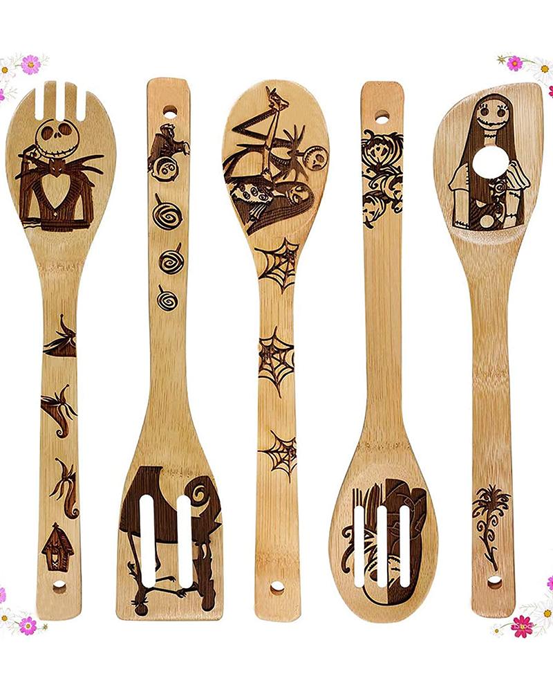 

Christmas Wooden Spoons for Cooking & Serving Set Natural Burned Bamboo Spoon Slotted Kitchen Utensils Fun Cooking Gifts Idea House Warming Present (Set of 5), Style1