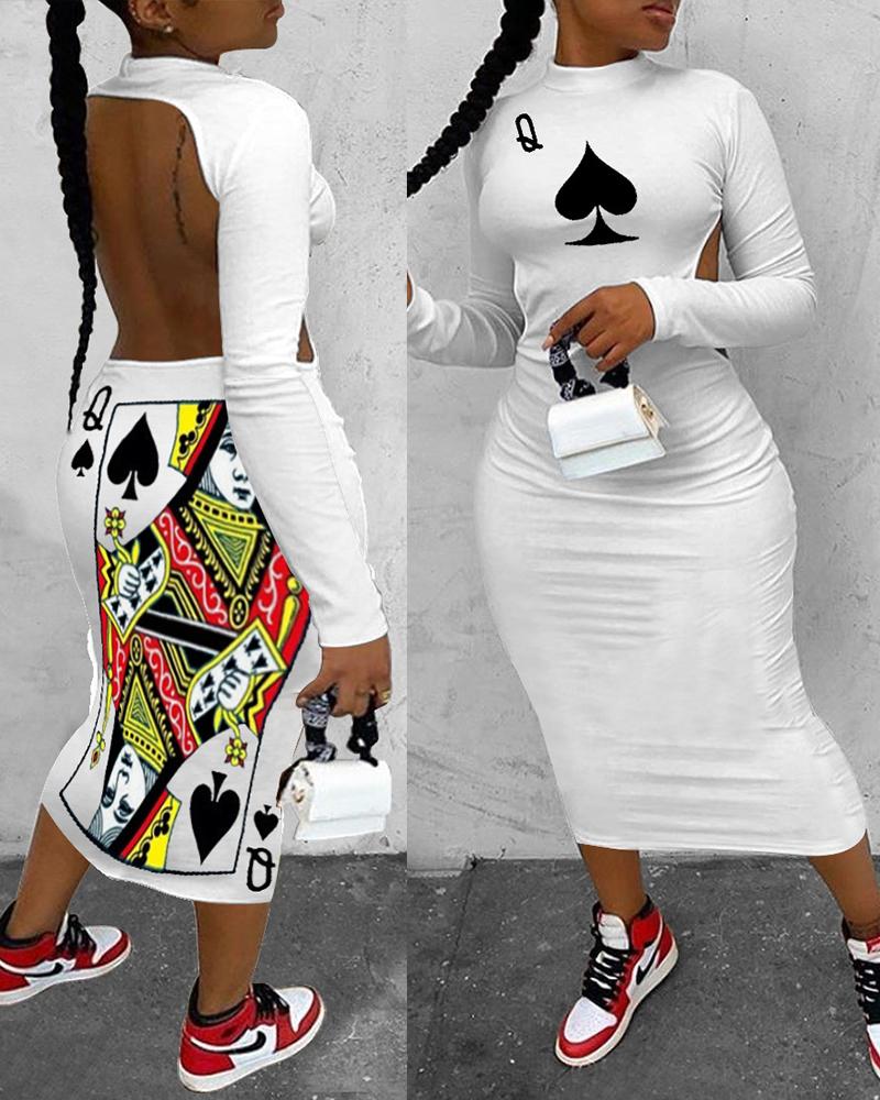 

Poker Print Backless Long Sleeve Women Dress, White