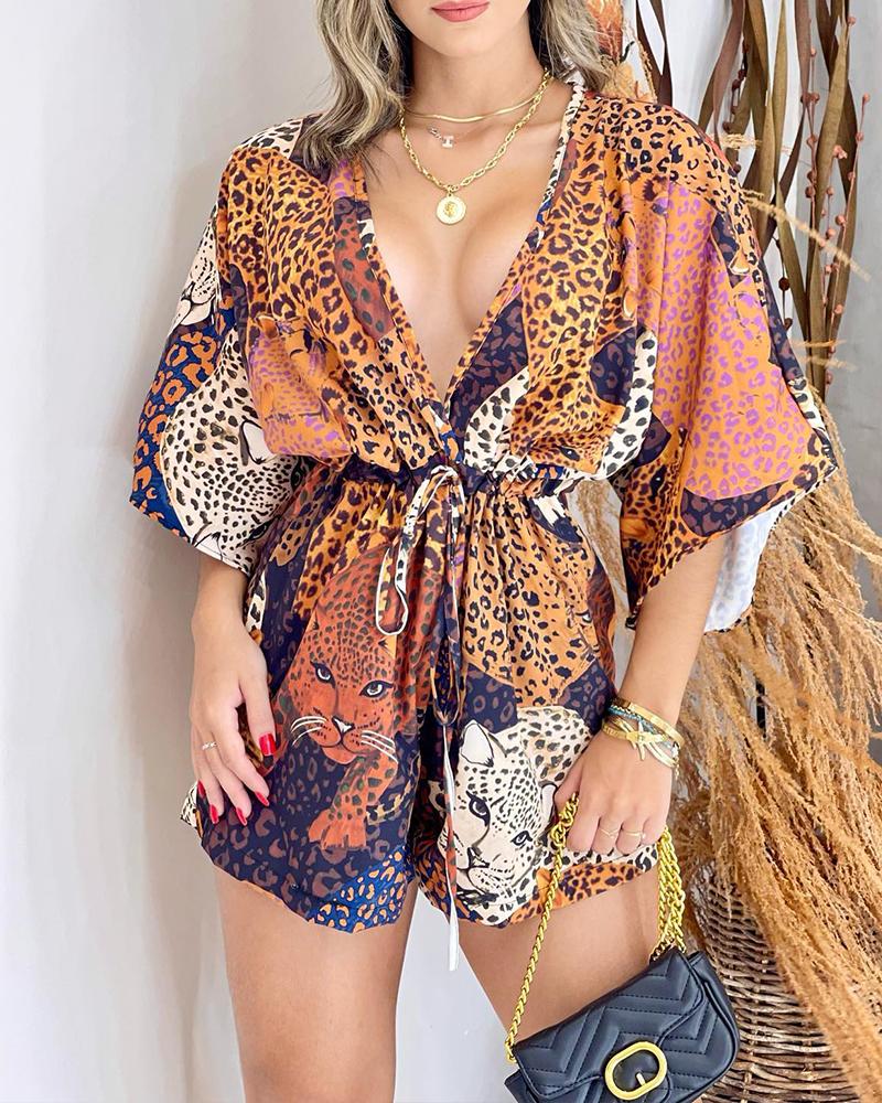 

Leopard Print Deep V-Neck Drawstring Romper