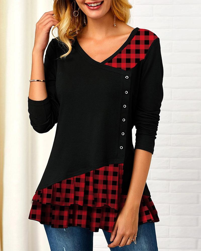 

Contrast Plaid Ruffle Hem Long Sleeve Top, Black