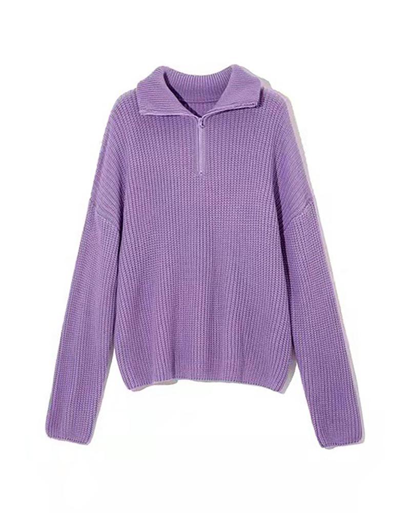 

Knit Zip Design High Neck Long Sleeve Sweater, Purple