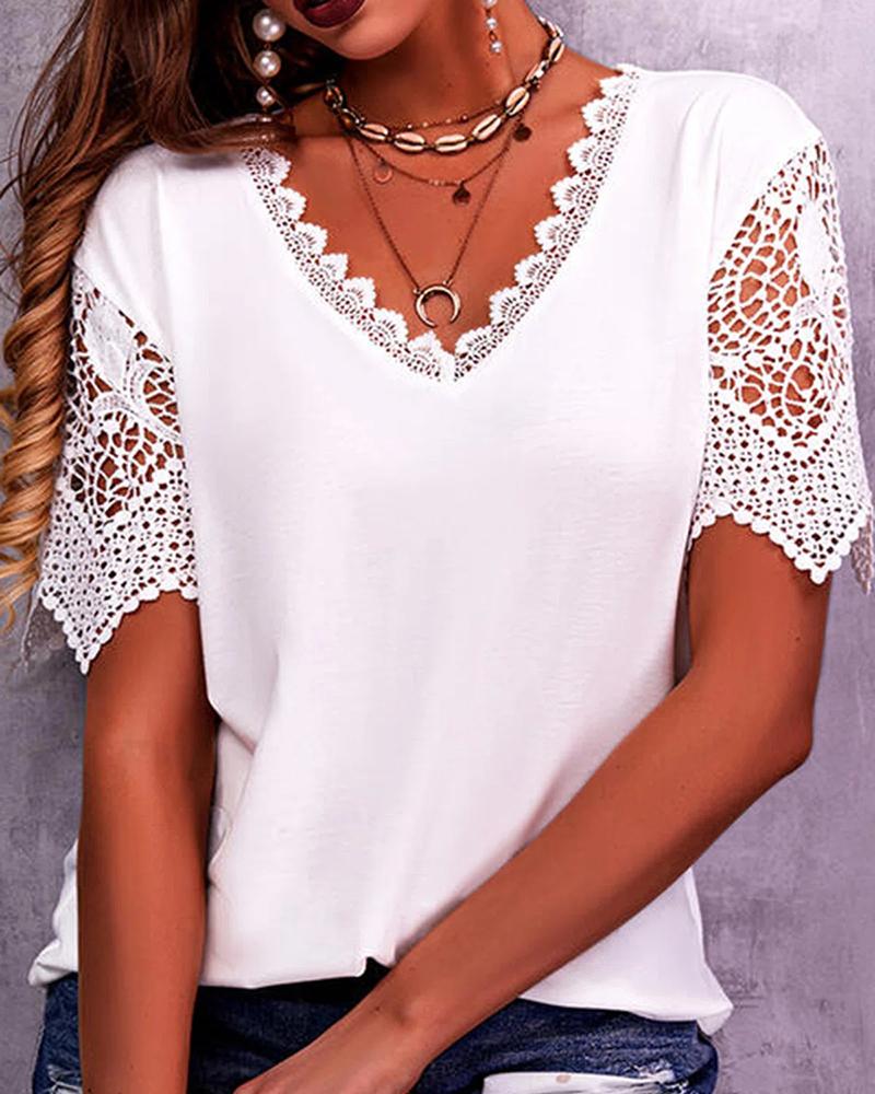 

V-Neck Crochet Lace Casual T-shirt, White