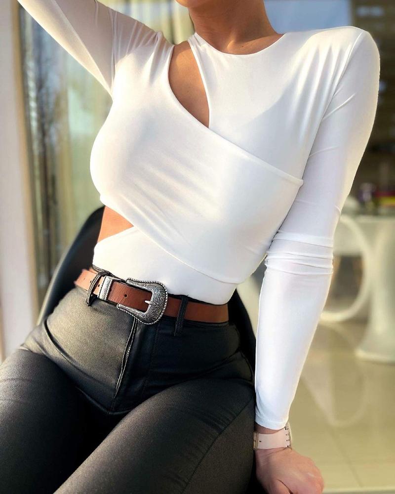 

Plain Long Sleeve Cutout Bodysuit, White