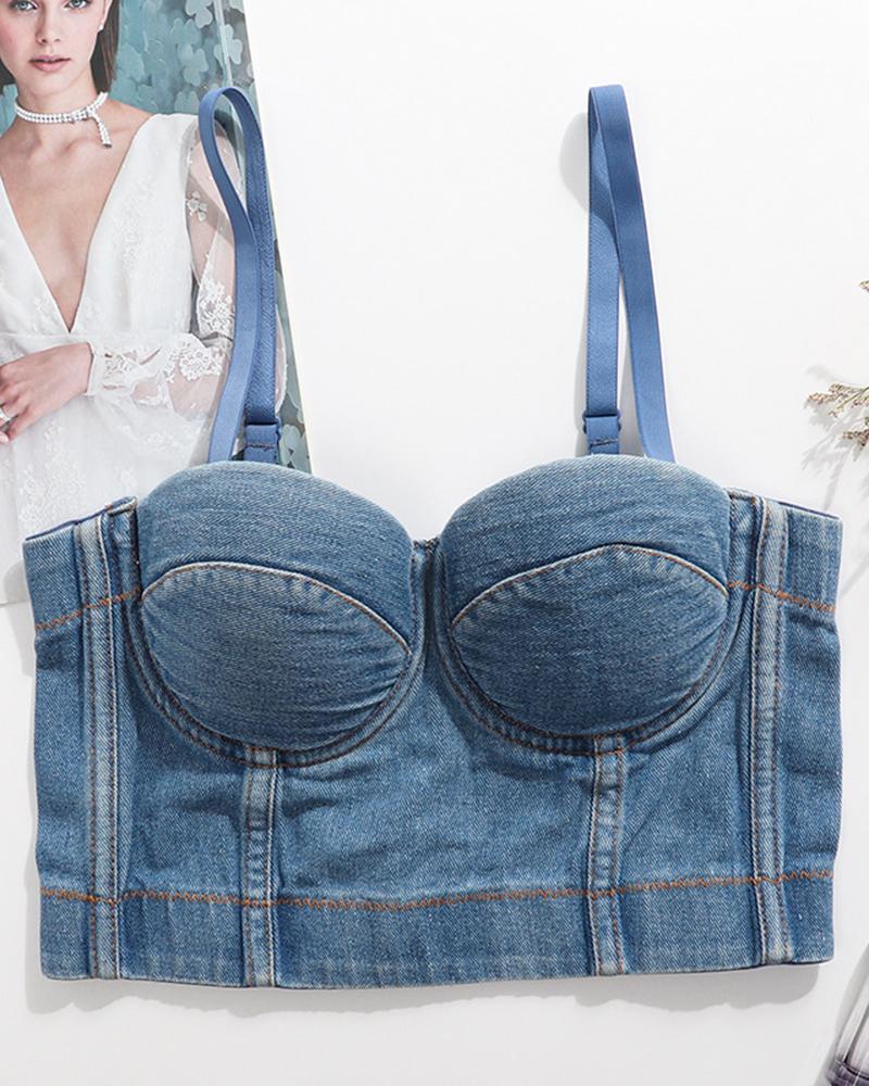 

Buckle Back Spaghetti Strap Denim Corset Top, Blue