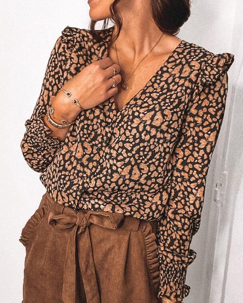

All Over Print Long Sleeve Blouse, Coffee