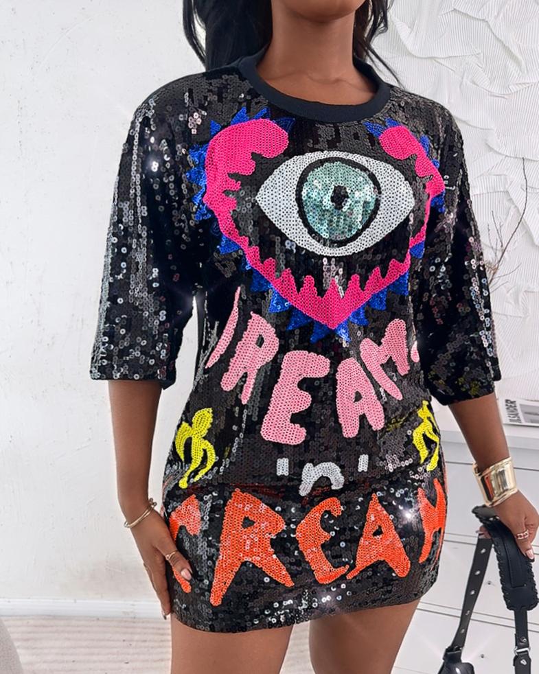 

Figure Letter Pattern Allover Sequin T-Shirt, Black