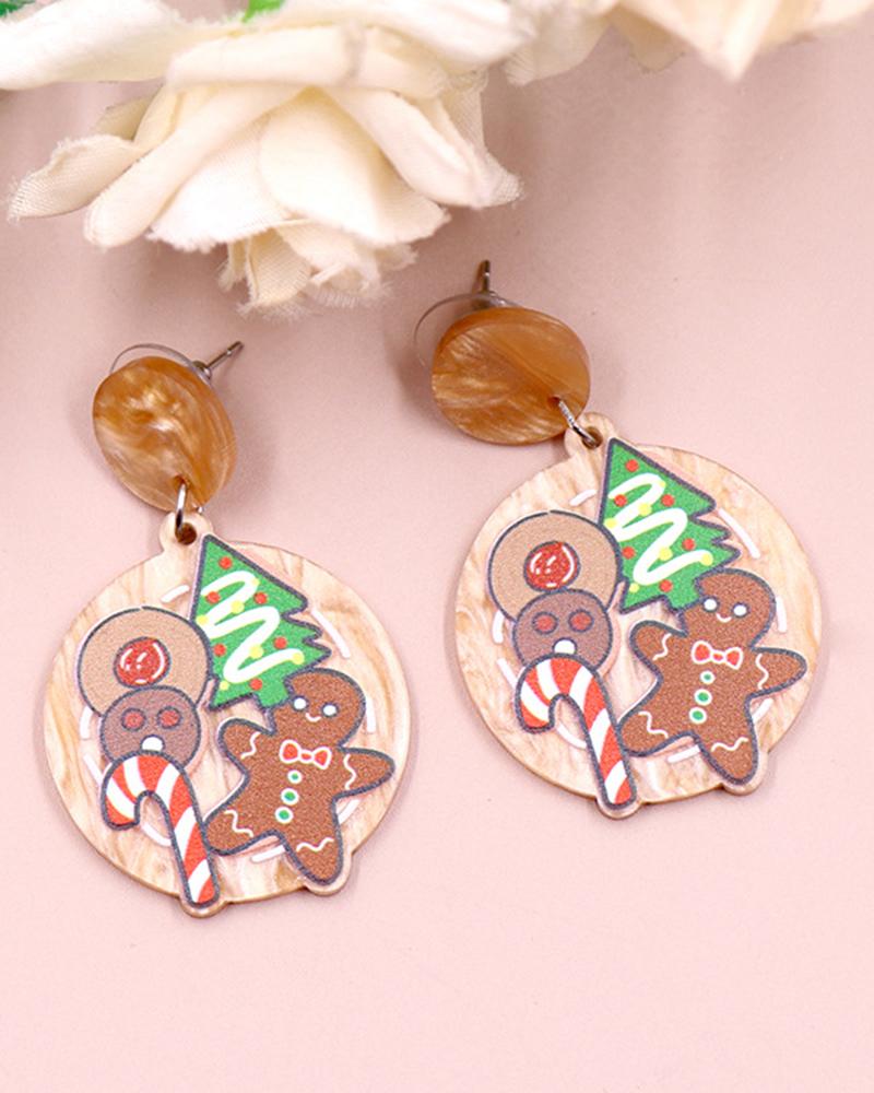 

1Pair Christmas Tree Gingerbread Man Candy Cane Print Drop Earrings, Coffee