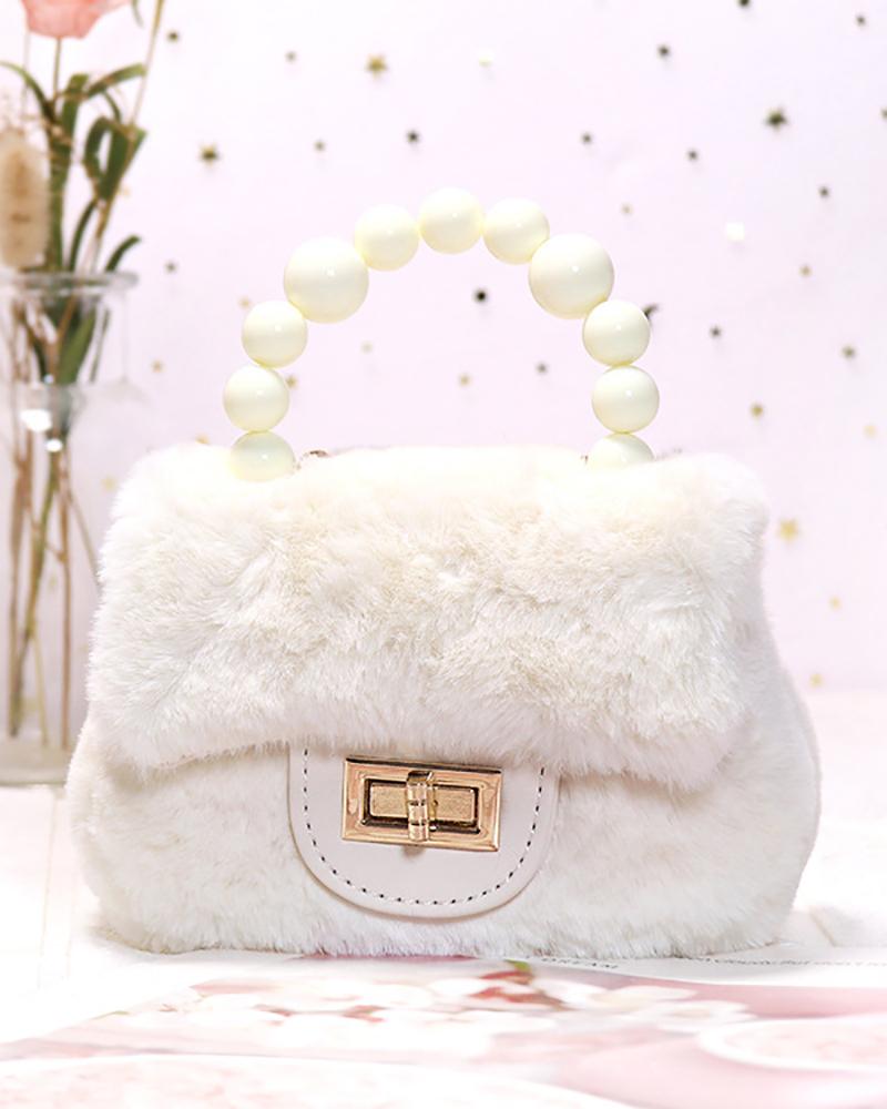 

Fuzzy Twisted Lock Beaded Strap Mini Satchel Bag, White