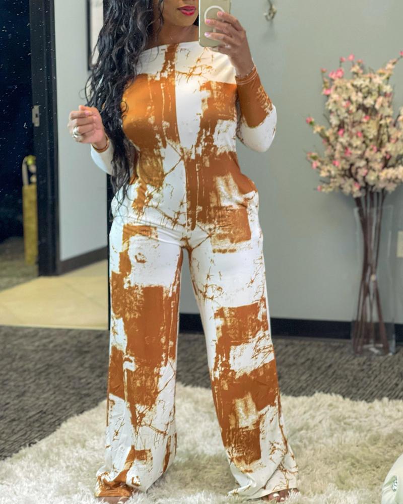 

Abstract Print Off Shoulder Pocket Detail Wide Leg Jumpsuit, Orange