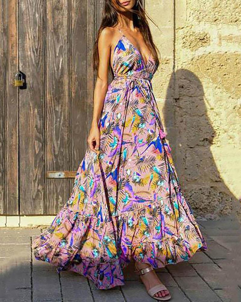 

Tropical Print Ruffles Plunge Maxi Dress, Pink