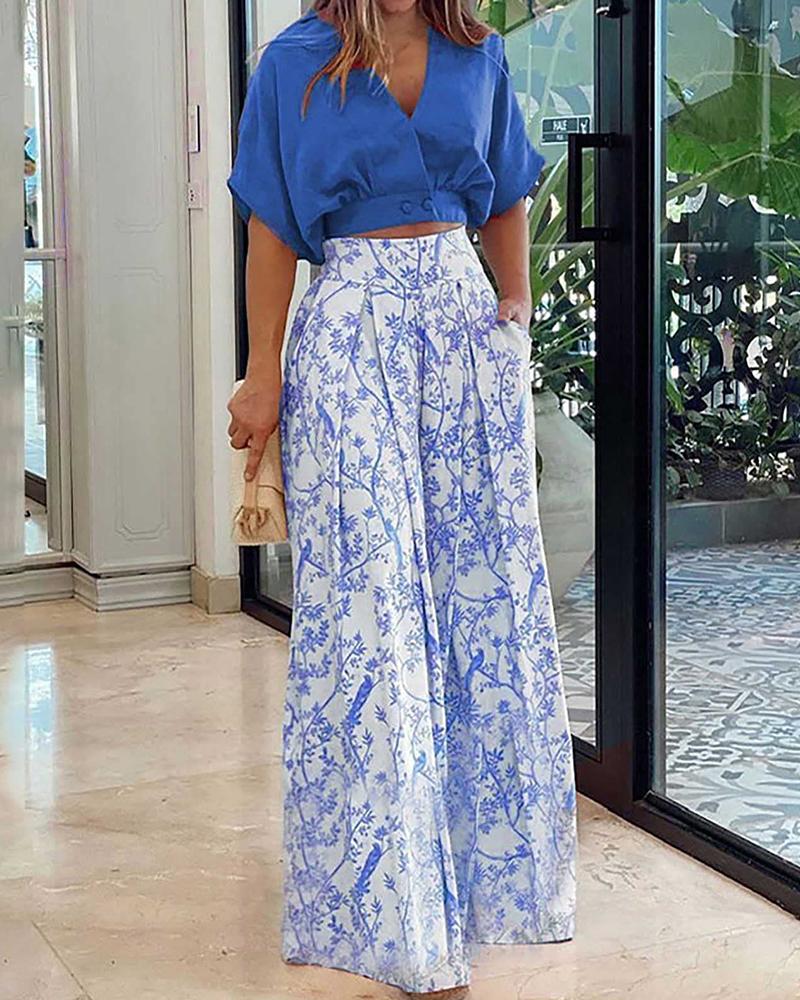 

Batwing Sleeve Top & Plants Print Wide Leg Pants Set, Blue