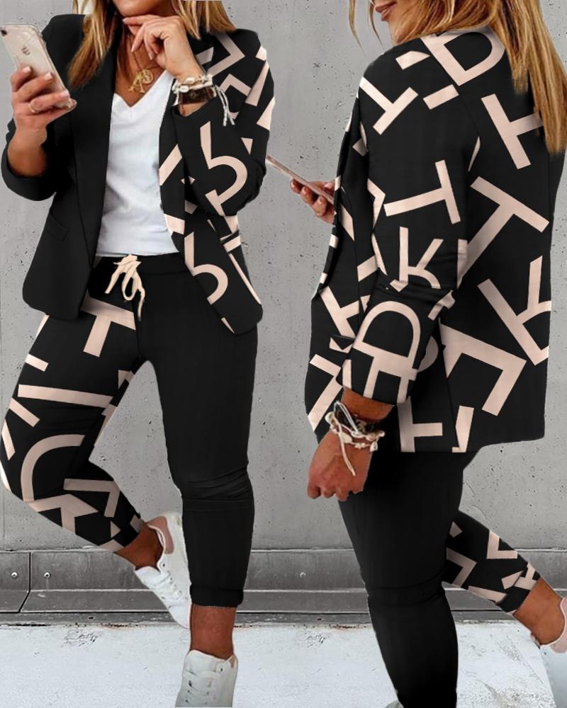 

Letter Print Colorblock Blazer Coat & Drawstring Pants Set, Black