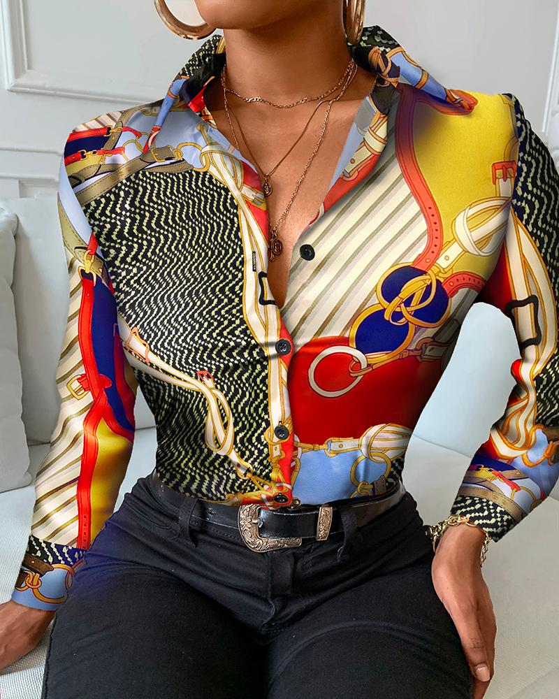 

Scarf Print Colorblock Buttoned Long Sleeve Shirt, Multicolor